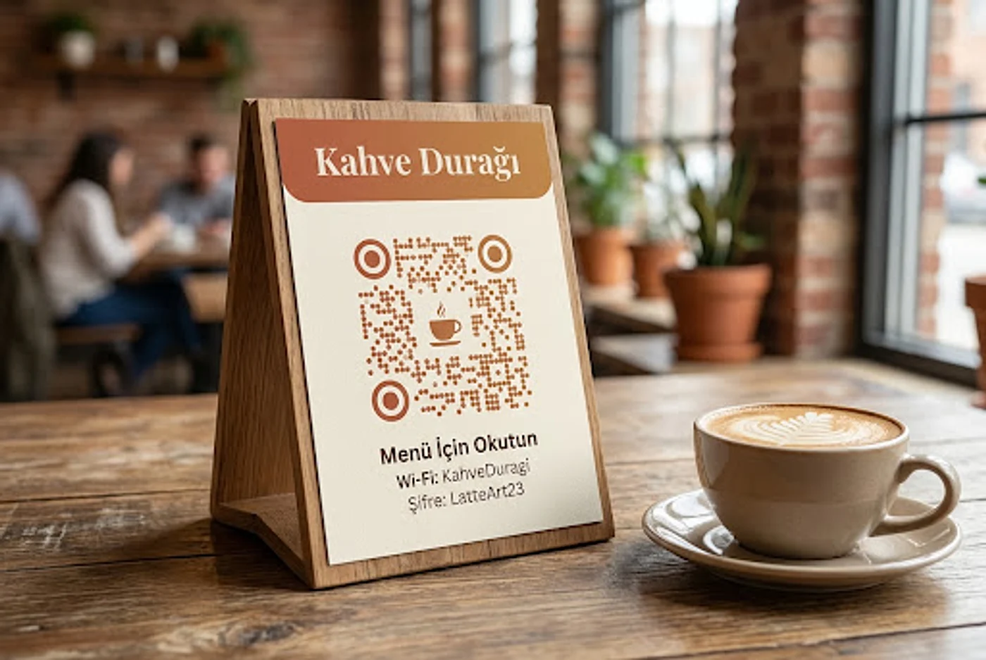 Ahşap kafe masasında, bir latte yanında QR kodlu basılı cafizz masa kartı